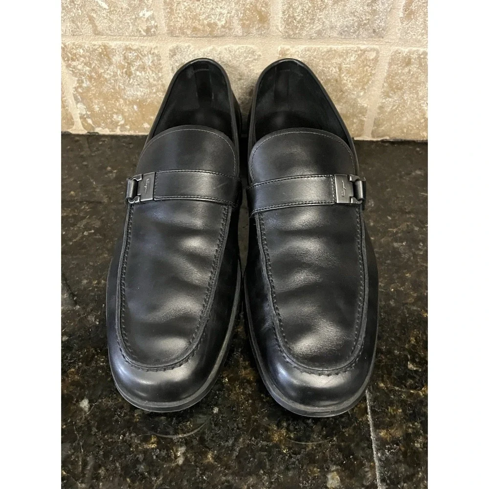 Salvatore Ferragamo‎ Men's Black Leather Single Side Gancini Buckle Loafers 11